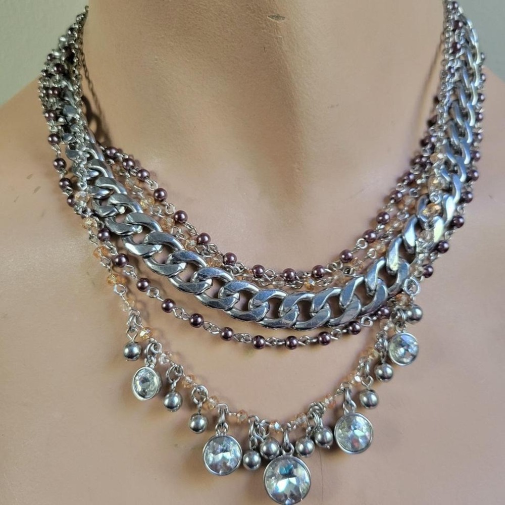 Cookie Lee Silver Layered Curb Chain Pearl Crystal Necklace 16-19"‎ Whimsigoth